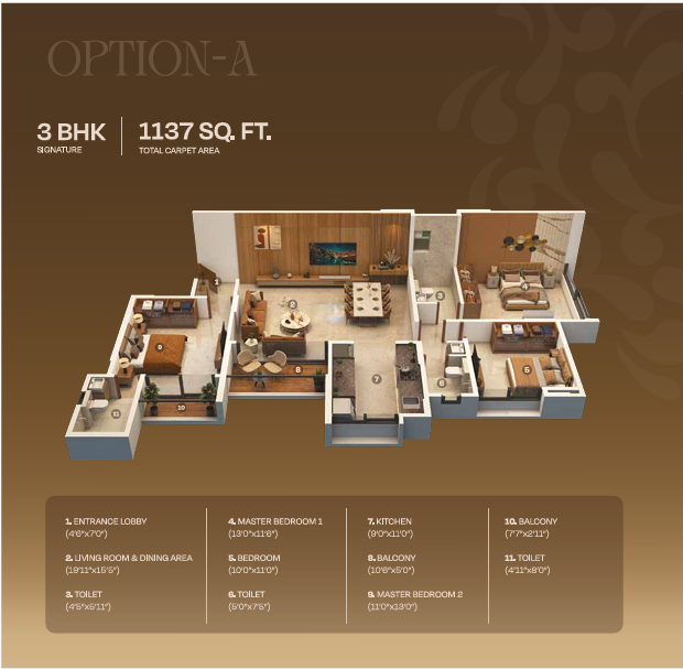 Option A: 3 BHK 1137 Sq Ft Floor Plan