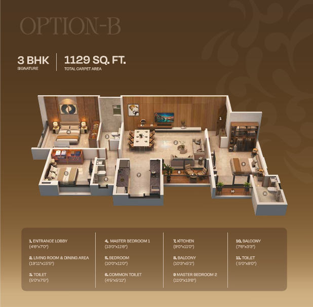 Option B: 3 BHK 1129 Sq Ft Floor Plan