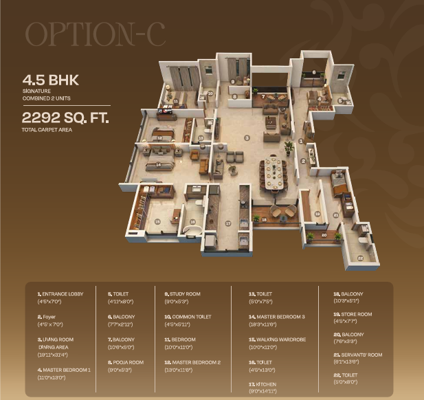 Option C: 4.5 BHK 2292 Sq Ft Combined Floor Plan